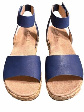 Chic Soul Navy Leather Espadrille Platform Sandals with Ankle Strap